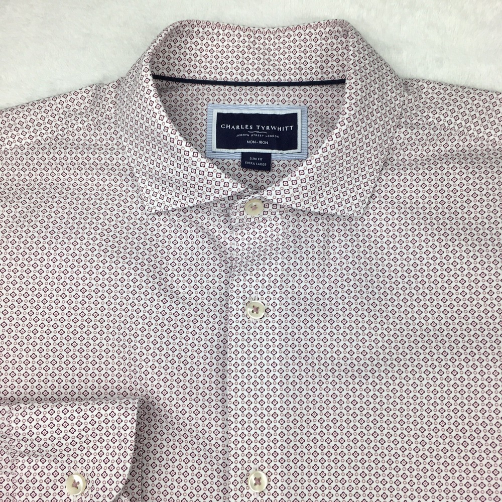 Charles Tyrwhitt Dress Shirt Mens XL Burgundy/Pink Print Slim Fit Non Iron - Picture 2 of 10